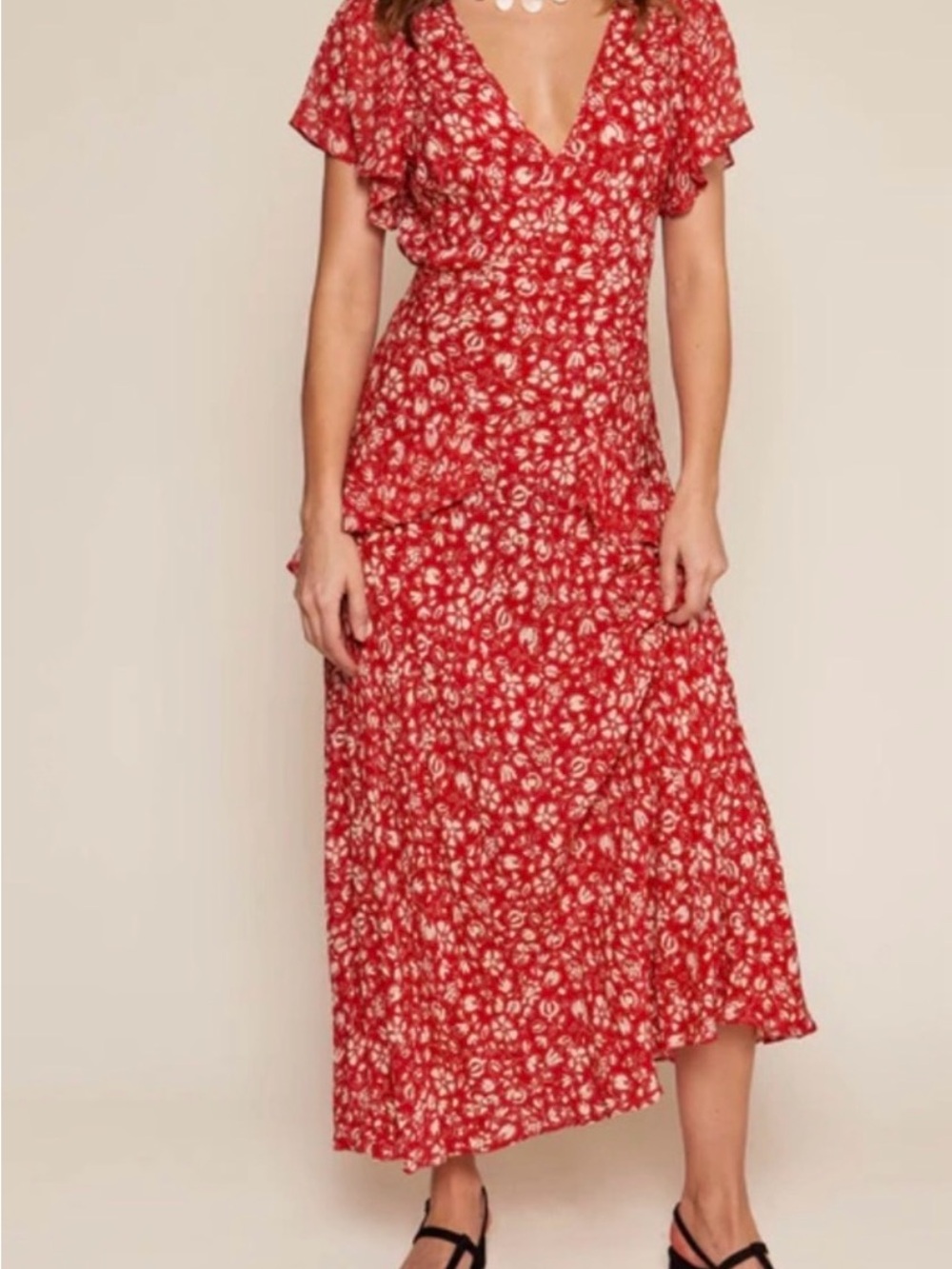 Red Floral V-Neck Ruffle Dress - Women